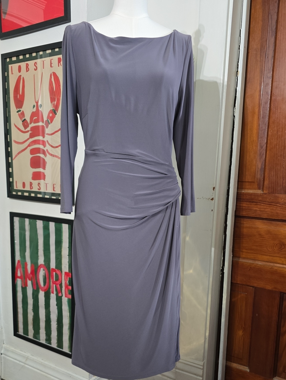 Lauren Ralph Lauren Long Sleeve Ruched Side Sheath Dress - Gray 14